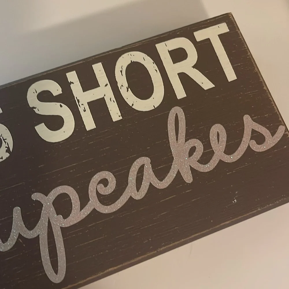 Life Is Short Eat Cupcakes Decorative Wood Sign Brown Pink Glitter Kitchen Decor